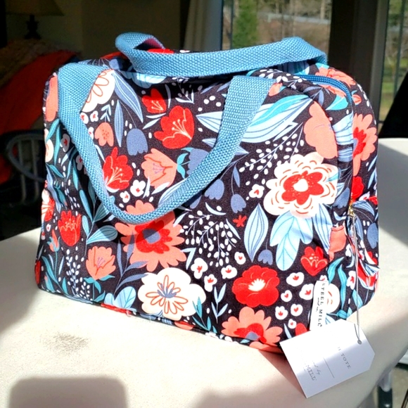 Insulated lunch tote bag. Steel Mill. Vibrant "Folk Floral" pattern. - Picture 1 of 11